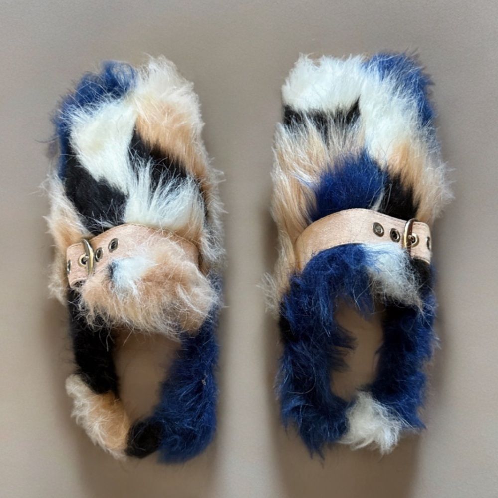 Jeffrey Campbell Rlxathome Faux Fur Mule Slide Slipper in Beige Blue Combo - Picture 4 of 16